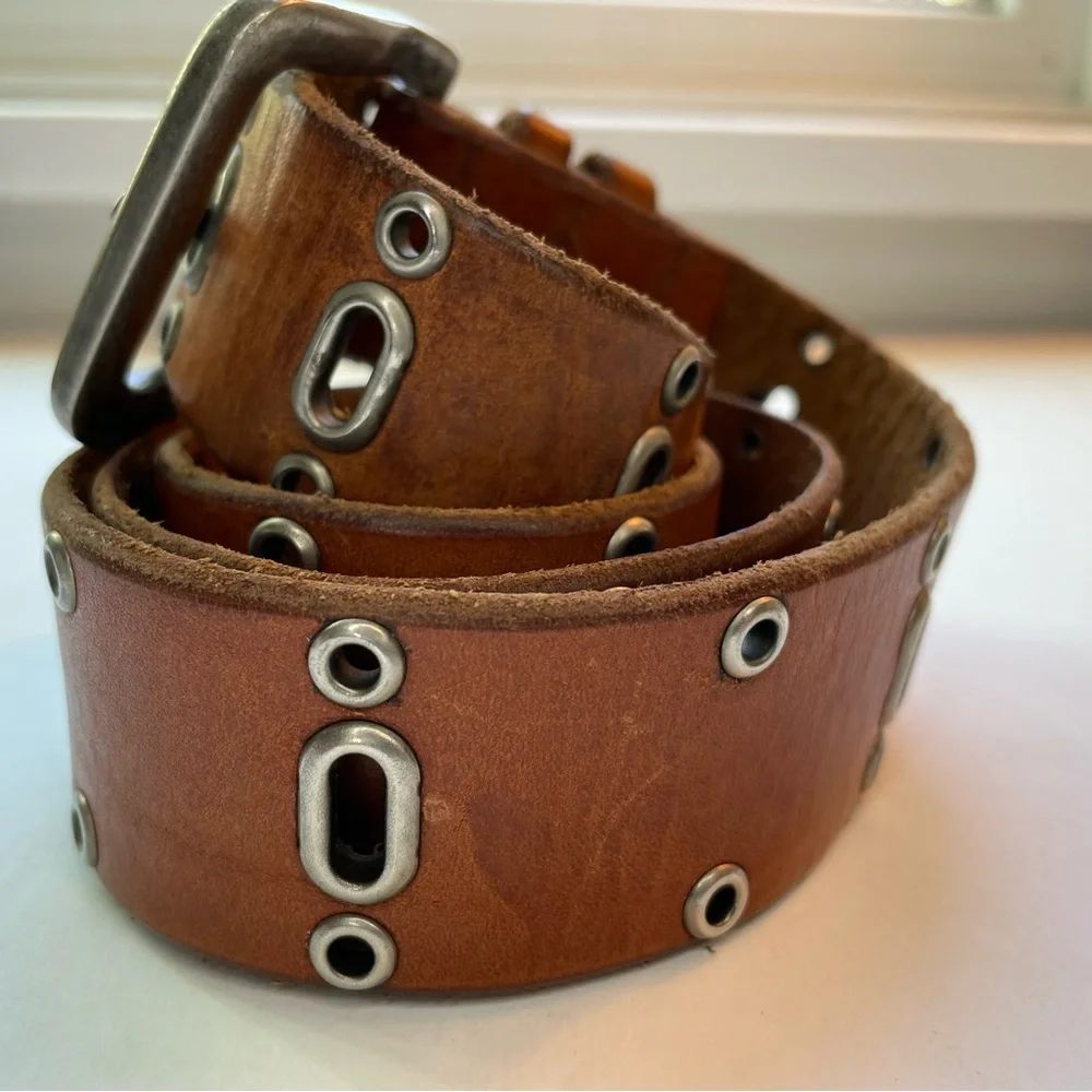 Fossil brown and silver cutout genuine leather belt boho size large